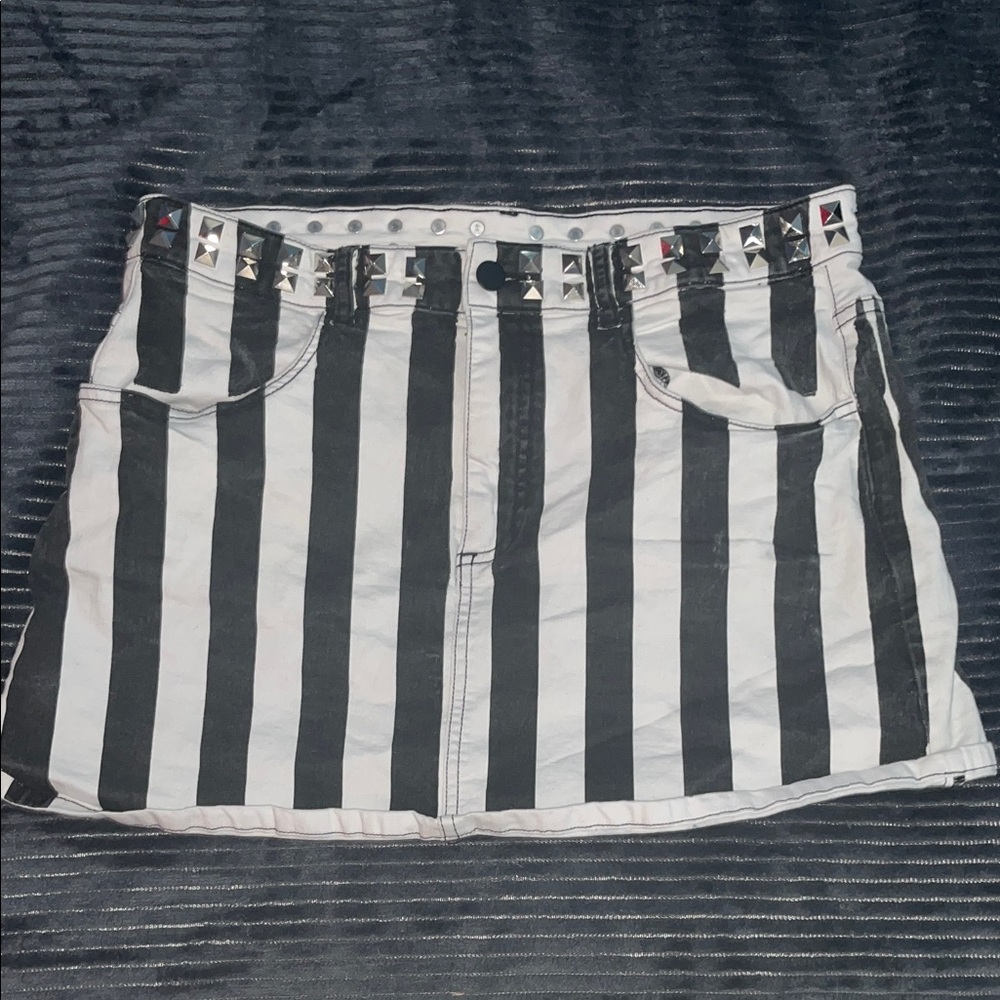 Black & White Striped Mini Skirt with Studded Waist